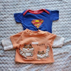 0/3 orange long sleeve and superman onesie